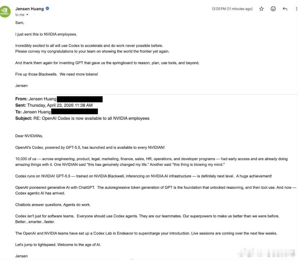 黄仁勋要求英伟达所有员工用OpenAI让员工全部用OpenAI，目的很明确，谁用