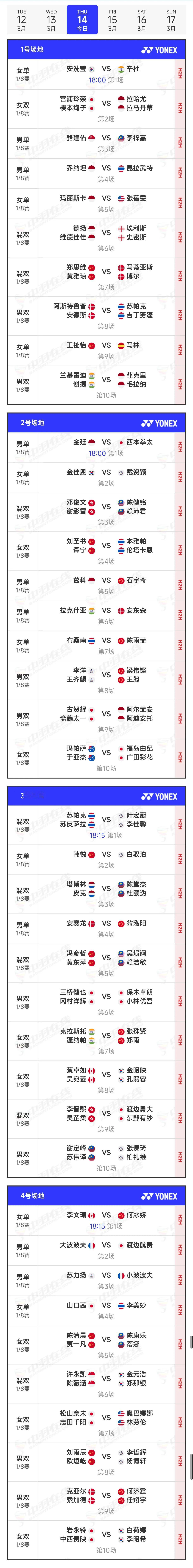 #2024全英羽毛球公开赛# 今天将进行1/8决赛，以下为赛程安排，一共四个场地
