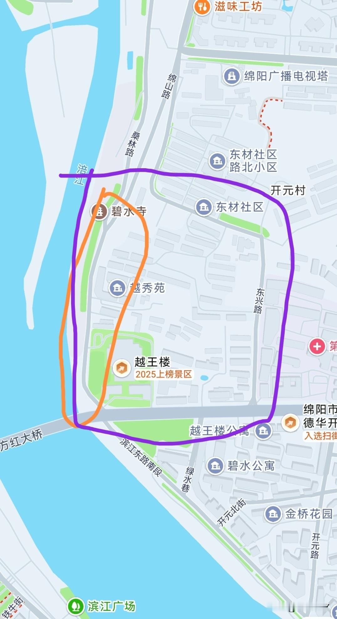 按风水来说的话，越王楼和碧水寺之间那条绵山路不应该通车，而应该改为步行道，将越王