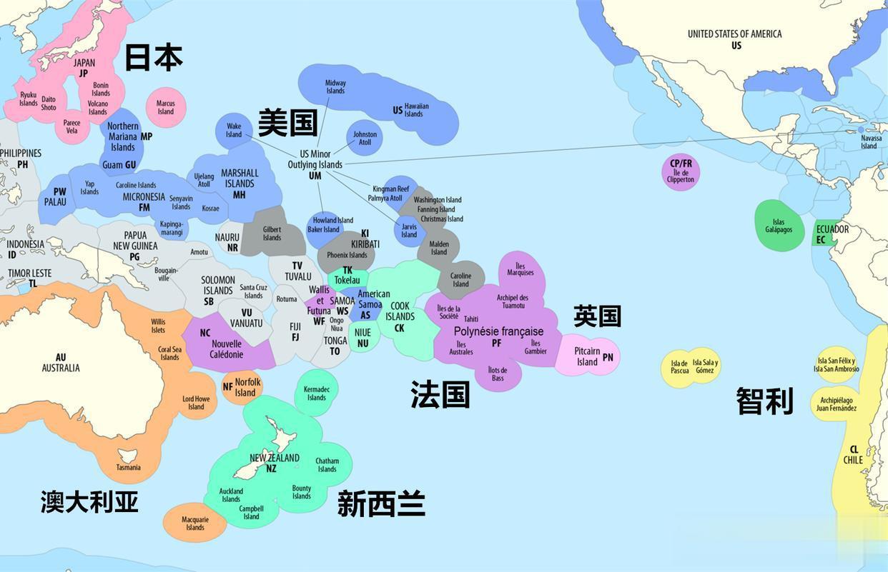 【太平洋各国专属经济区分布】蓝色是美国及其联系国（密克罗尼西亚、帕劳...