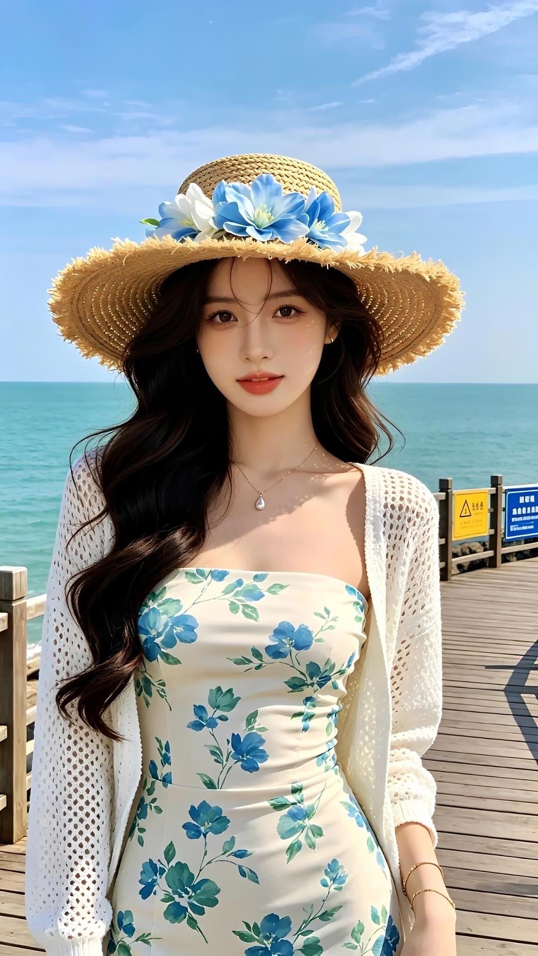 碧海潮生处，美人倚栏杆。