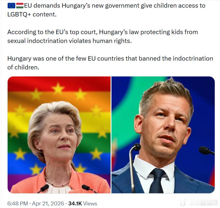 欧盟要求匈牙利的新政府允许儿童接触LGBTQ+相关内容。根据欧盟最高法院的裁决，
