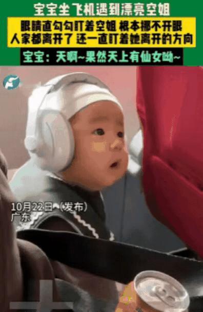 “果然是男人本色！”广东一个小男孩坐飞机，看到漂亮空姐，眼睛直勾勾盯着根本挪不开