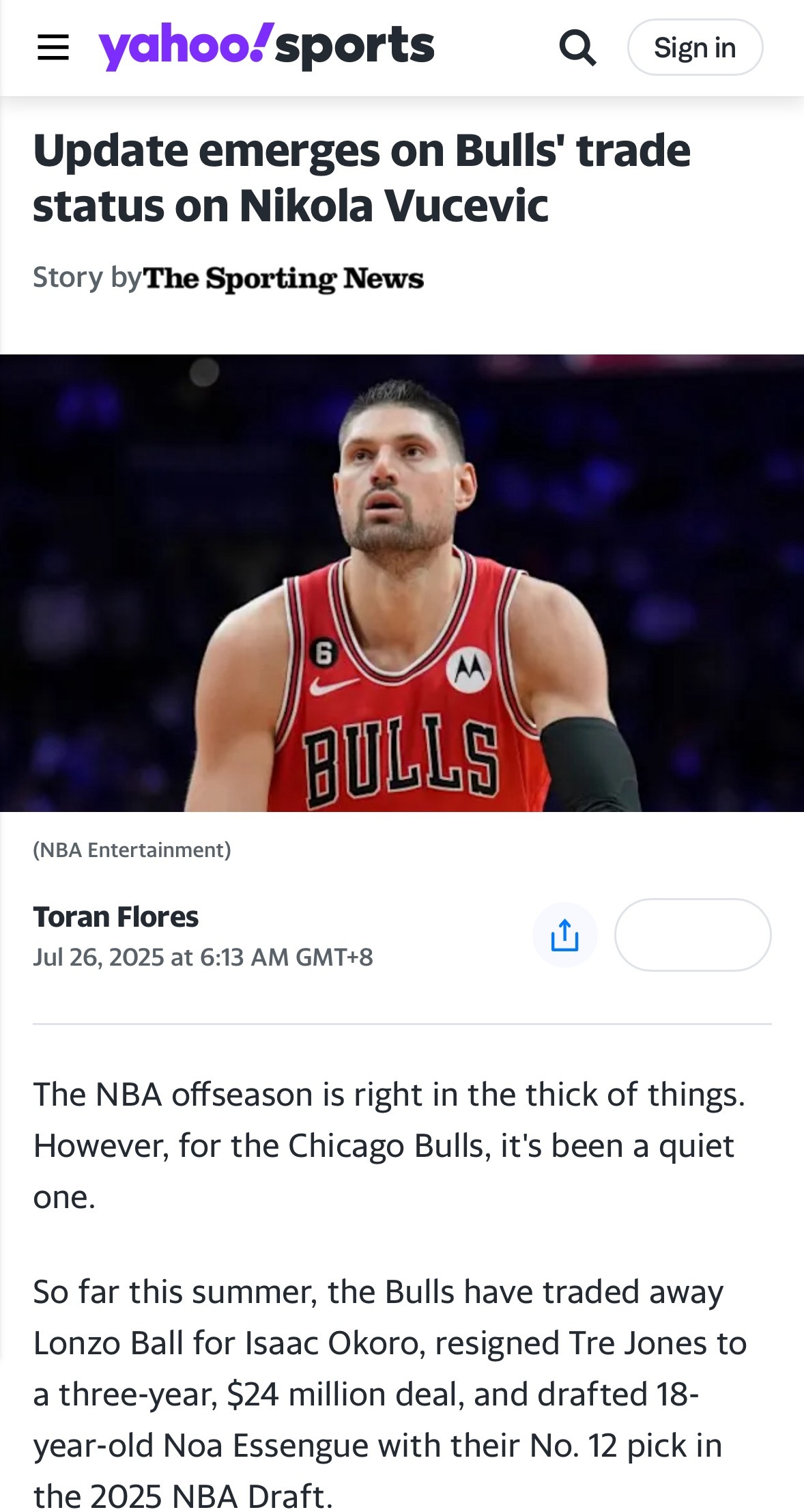 Yahoo Sports：如果无法完成交易，公牛队预计将裁掉武切维奇。 ​​​