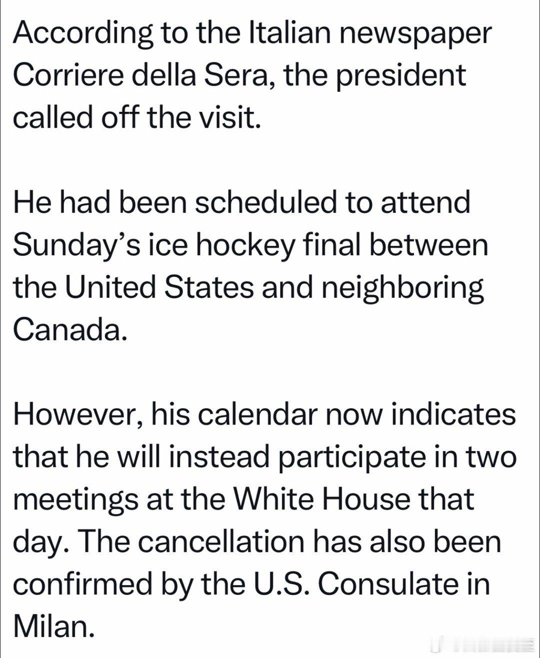 美国总统原计划到意大利，观看冬奥男子冰球决赛🇺🇸🇨🇦但行程取消，改为在白