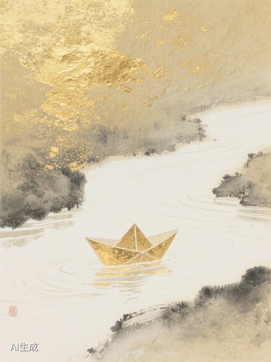 AI妙生图金色纸船于水墨江河漂浮，似梦穿行，那是时光里的奇幻，载着未知驶向远方。