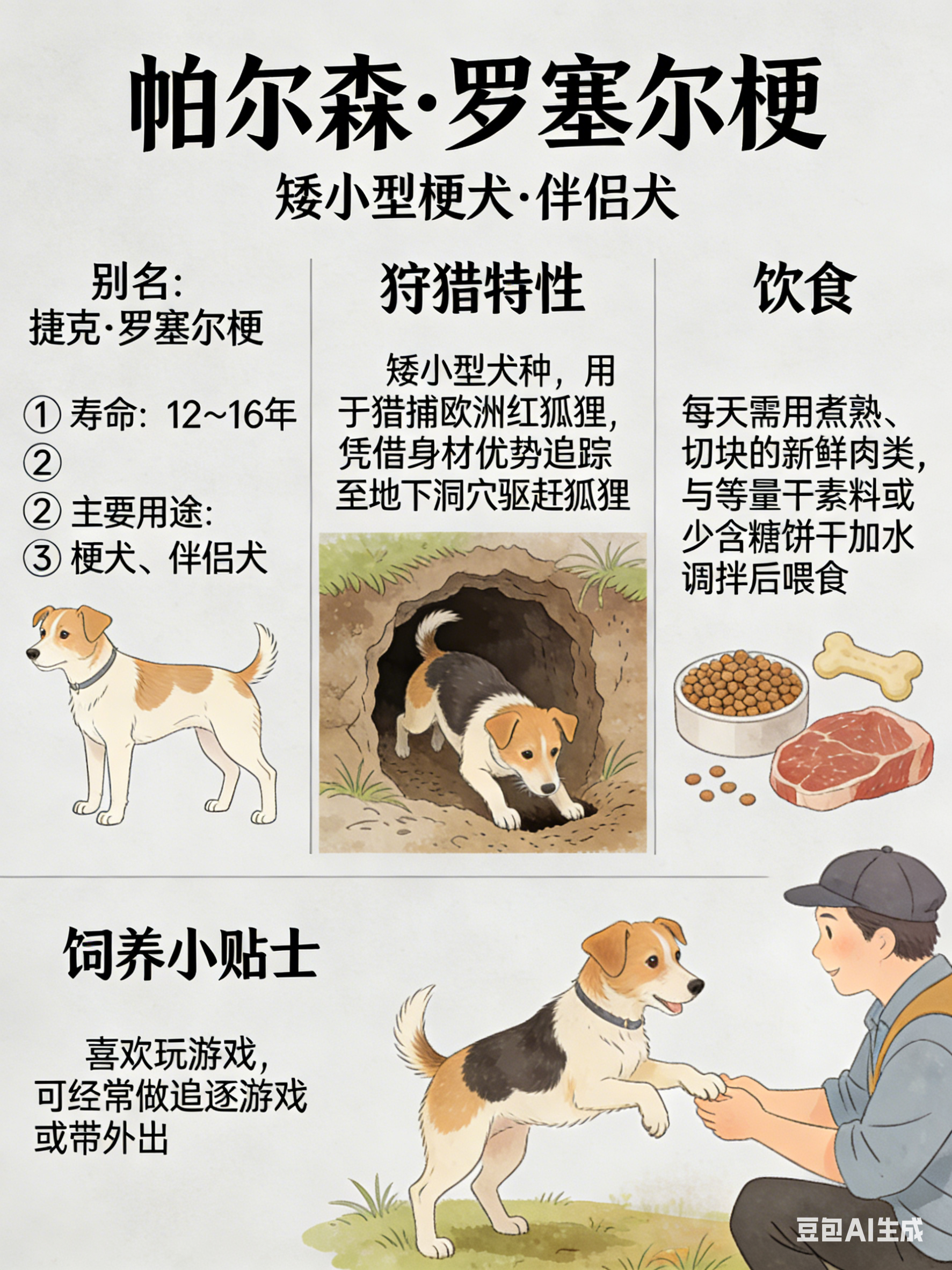 我AI的动物 帕尔森·罗塞尔梗别名：捷克·罗塞尔梗寿命：12～16年主要用途：梗