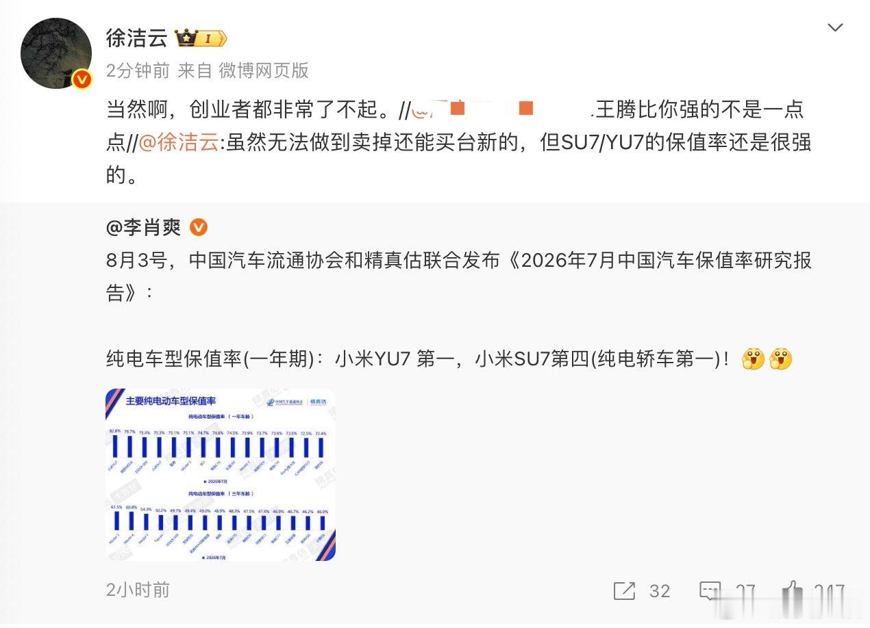 【徐洁云回应王腾比他强，徐洁云说创业者都很了不起】8月6日，有网友在评论区向徐洁