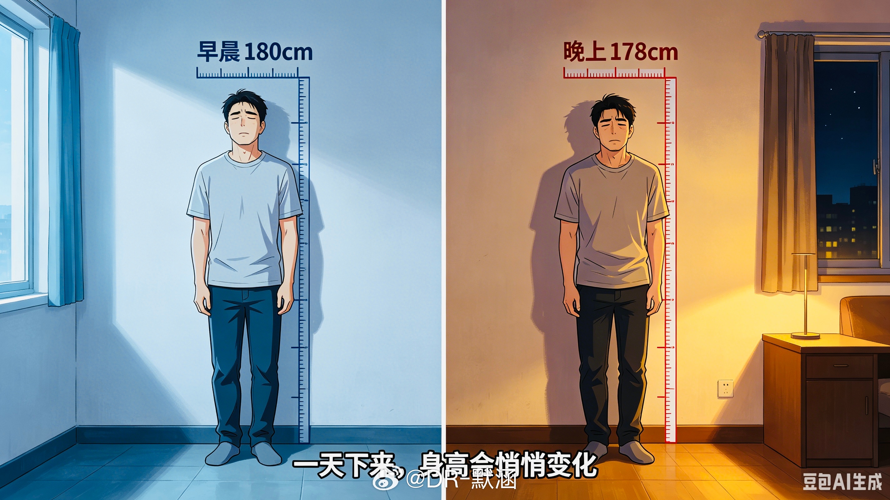 人的身高昼夜会有不同变化。早上起床时身高比晚上高1-2厘米。因为白天站立时，重力