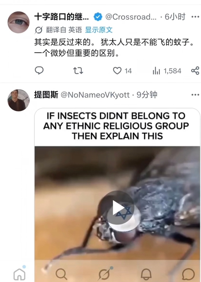 注意，以下言论涉嫌辱犹，是违反《美国禁止反犹太主义意识法案》的，大家引以为戒