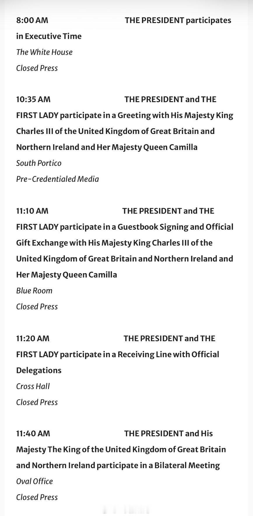 他们的欢迎仪式和两边会晤是北京时间晚上十点半至十一点四十五分，国宴是次日早上七点