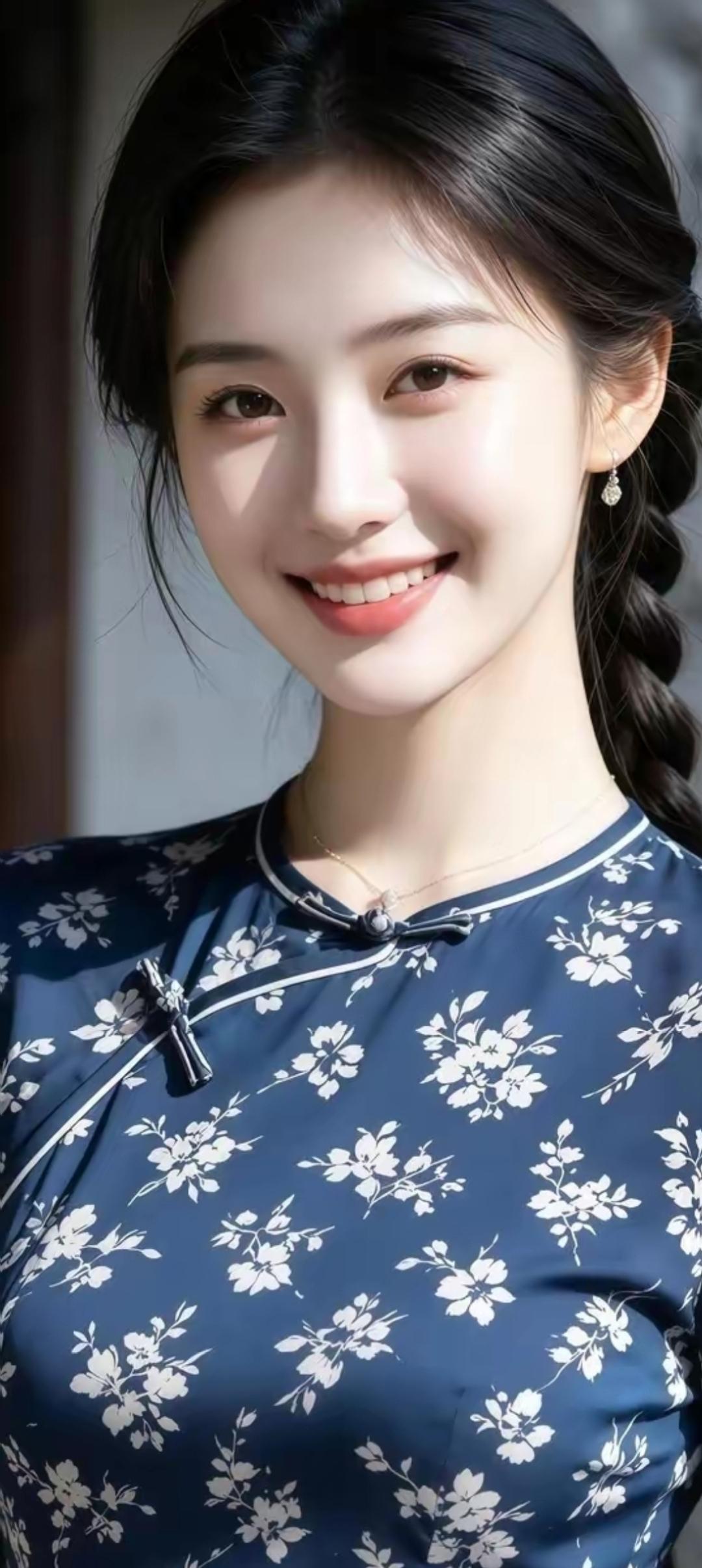 温柔甜美的少女，蓝白相间的旗袍，散发着古典优雅的气息。