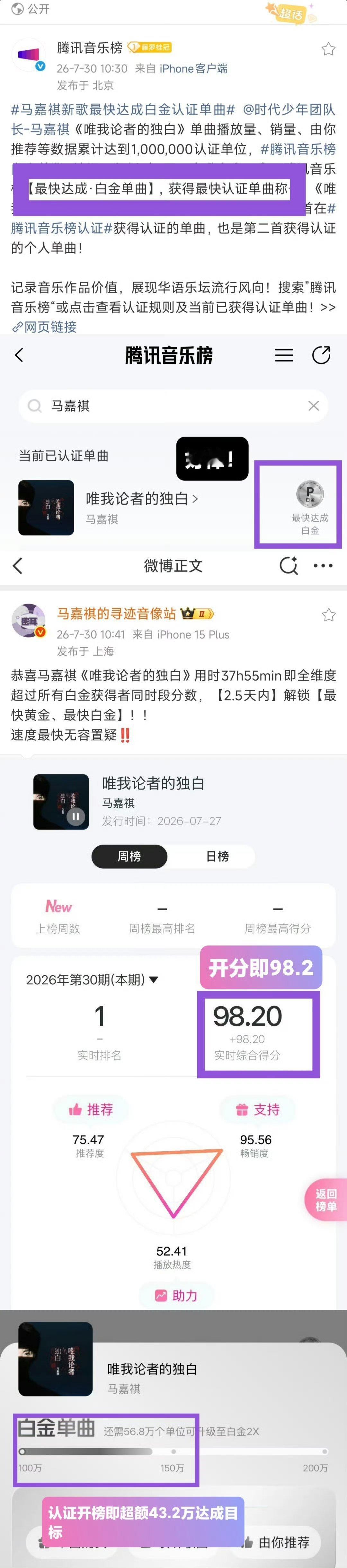 马嘉祺新歌最快达成白金认证单曲官宣恭喜马嘉祺37h55min即同时解锁黄金及白金