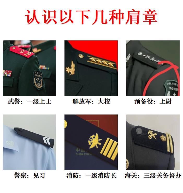 知识科普：认识图中的几种肩章？
如图所示：
今天带你认识6款臂章，分别是武警、解
