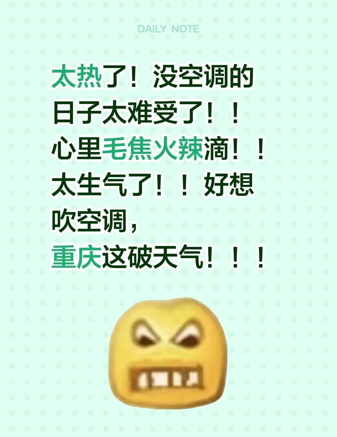 太热了！没空调的日子太难受了！！心里毛焦火辣滴！！太生气了！！好想吹空调，重庆这