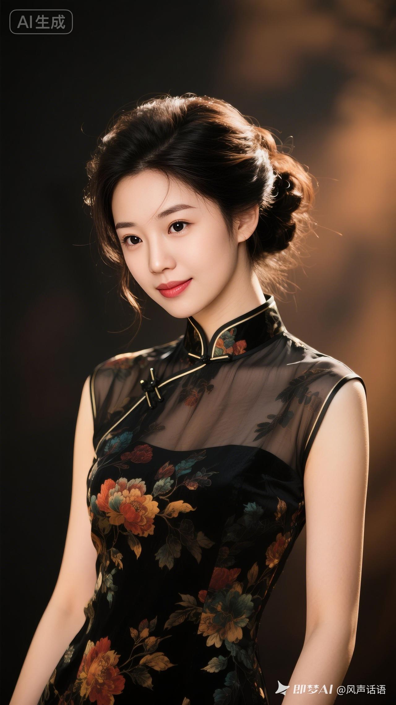 优雅东方美人，黑纱花裙，古典韵味十足