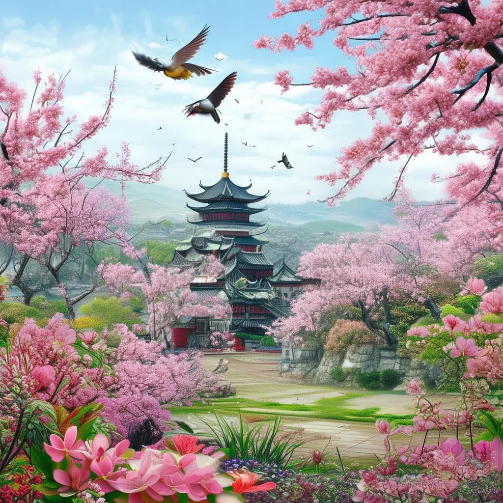 下联：春来鸟语花香。