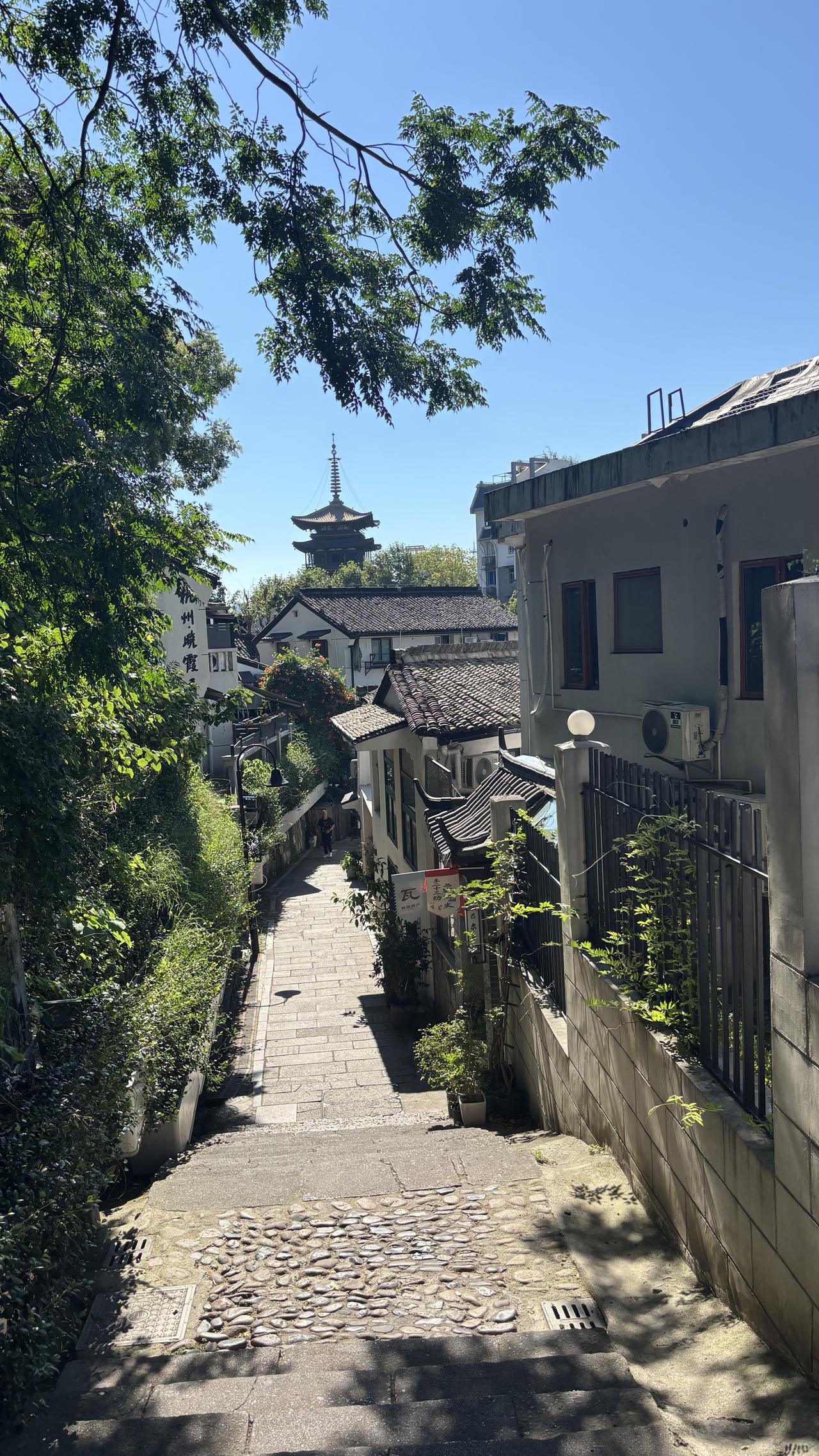 这是杭州馒头山社区的经典取景视角，画面氛围感直接拉满。
 
晴朗澄澈的蓝天做底色