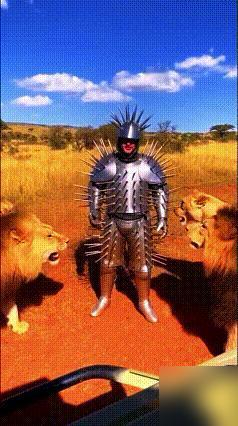 开了眼了。男子身披刺甲，傲立于群狮中。虽说这锐利的铠甲让狮群望而却步，有个别狮子