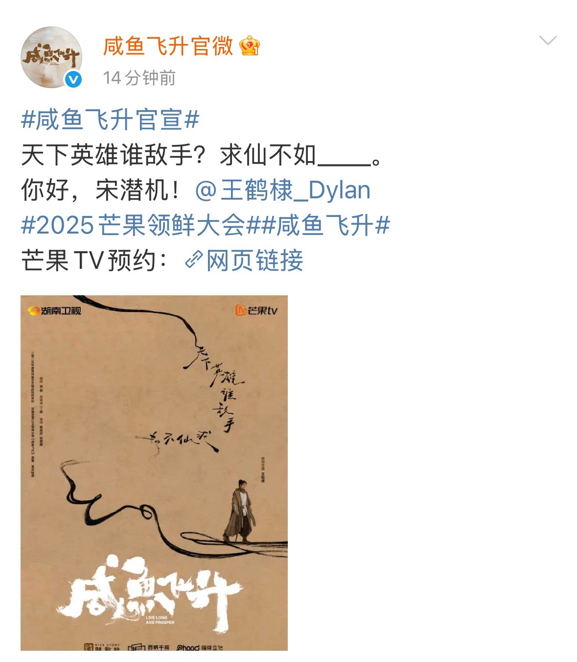 咸鱼飞升官宣王鹤棣大男主海报你好，宋潜机咸鱼飞升 ​​​