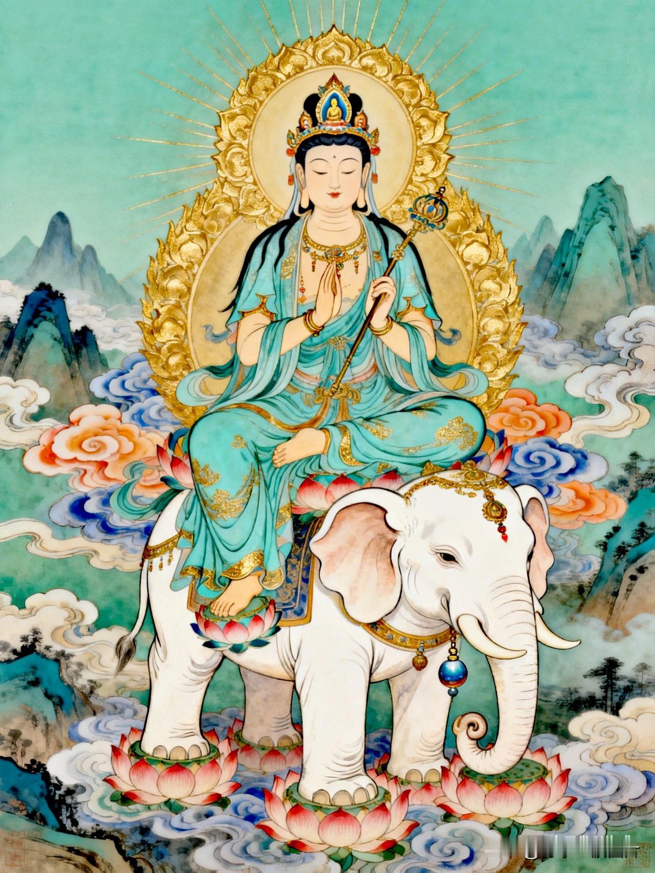 白象载福至，普贤送吉祥。