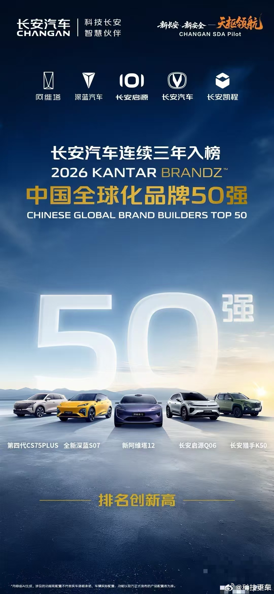 品牌全球化再获肯定！长安汽车连续三年上榜凯度BrandZ中国全球化品牌50强。聚