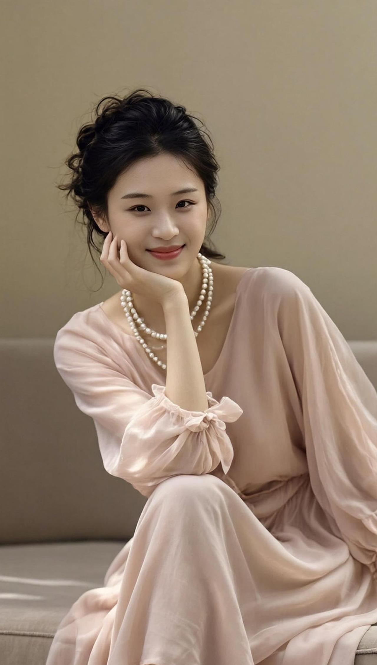 在柔和的光线下，她仿佛是时光里走出来的温柔精灵，一袭浅色长裙，搭配珍珠项链，尽显