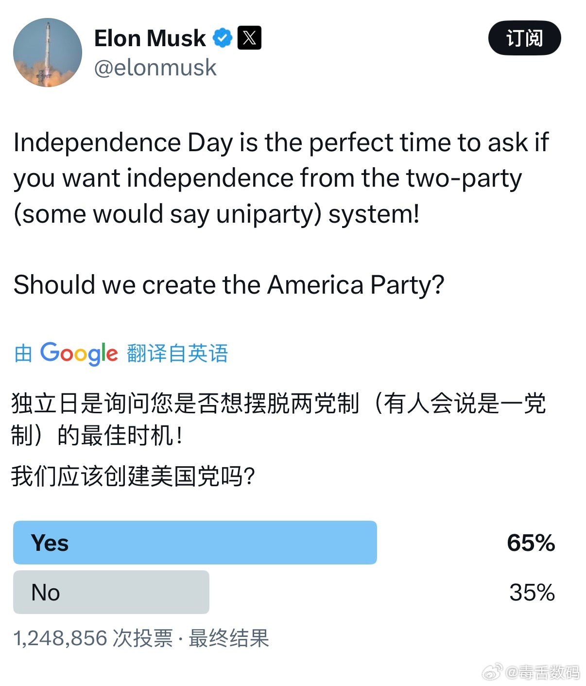 马斯克准备明年参选马斯克在X上发起投票，是否应该创建美国党，结果124万人参与，