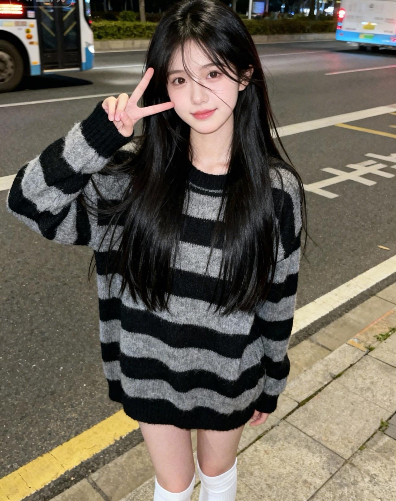 晚上在公交站等车的漂亮女孩。城市街头少女 街角里的美女 下班路上的美女