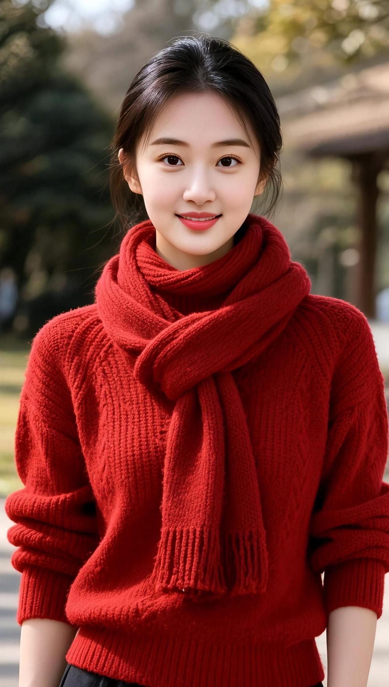 AI冬日红装照 抖音ai创作 羊绒围巾 大红围巾 红围巾好喜庆