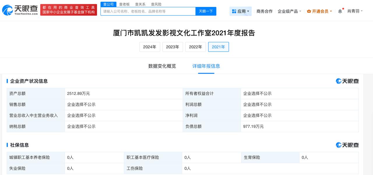 许凯名下2家企业已注销
许凯关联影视文化工作室曾负债977万曝许凯长期聚众赌博