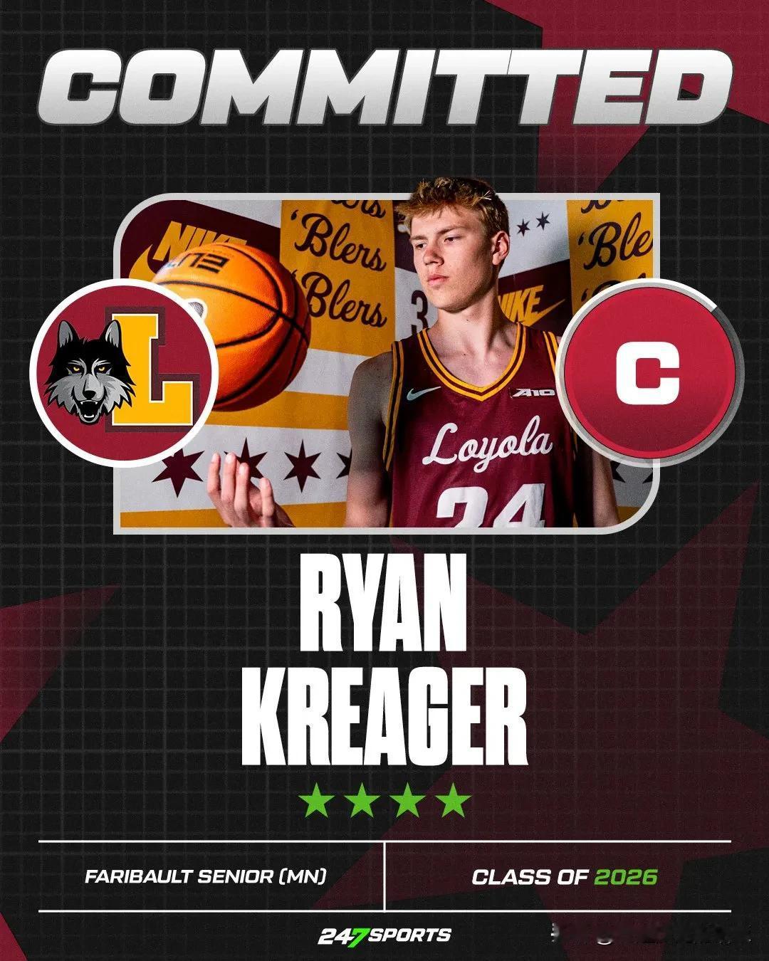 四星中锋Ryan Kreager宣布承诺NCAA男篮 芝加哥洛约拉大学Loyol
