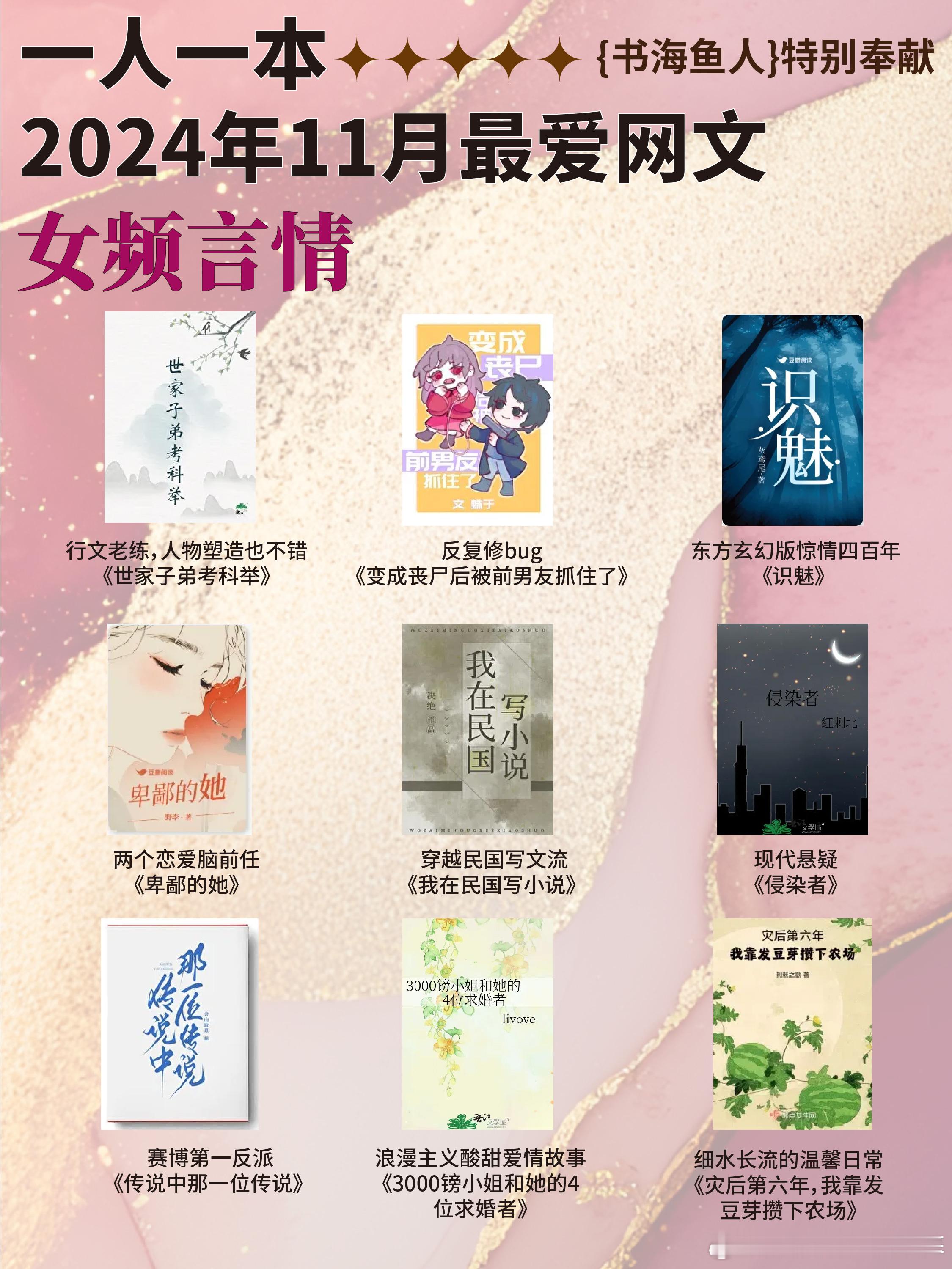 扫文记录  书海鱼人  【书鱼扫文·女频言情】：一人一本2024年11月最爱网文