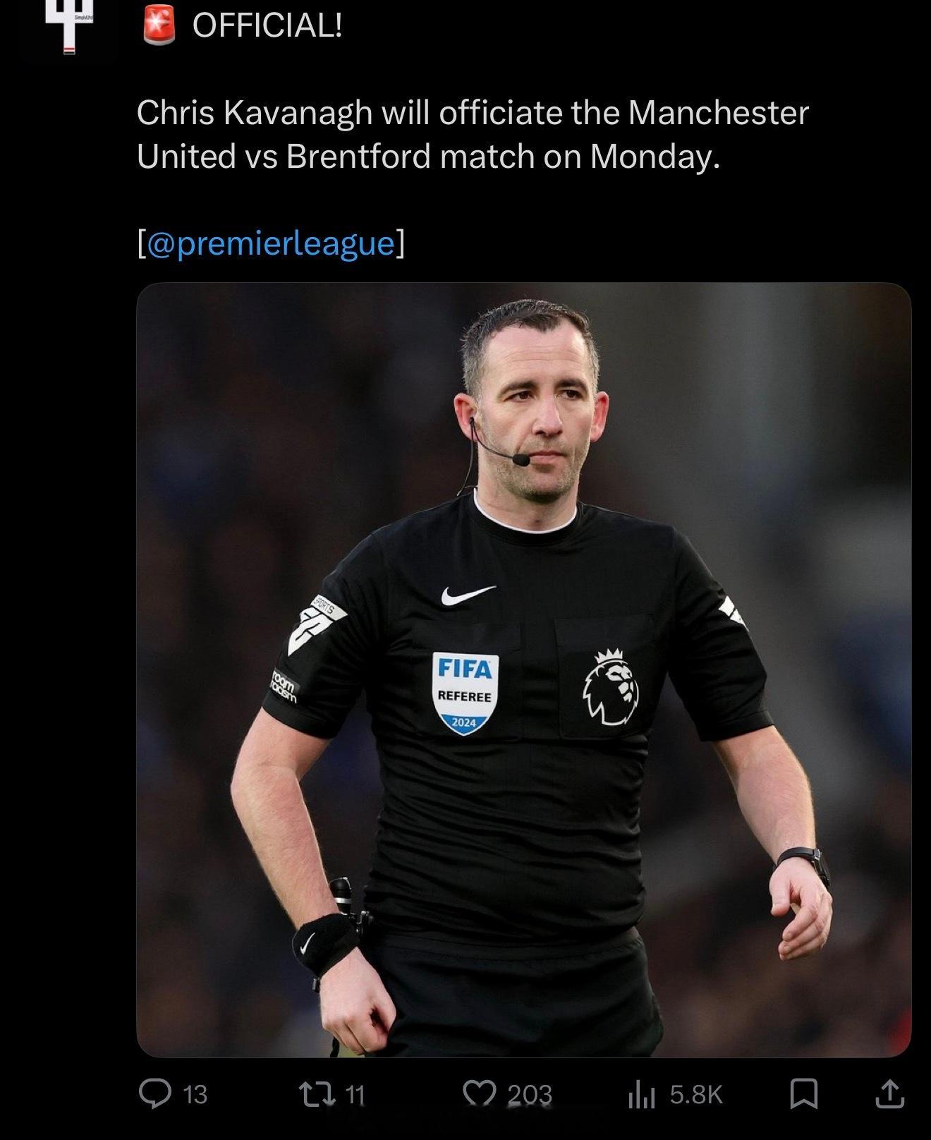 曼联对阵布伦特福德主裁判确定，曼联本场比赛在下周一 又是后半夜？