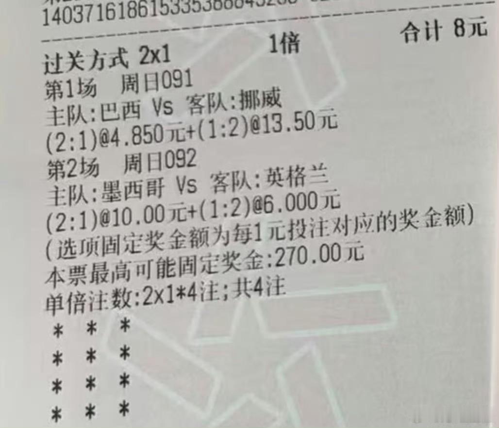 昨天非常遗憾，今天我重点092让胜、墨西哥加油！！！091 世界杯 巴西VS挪威