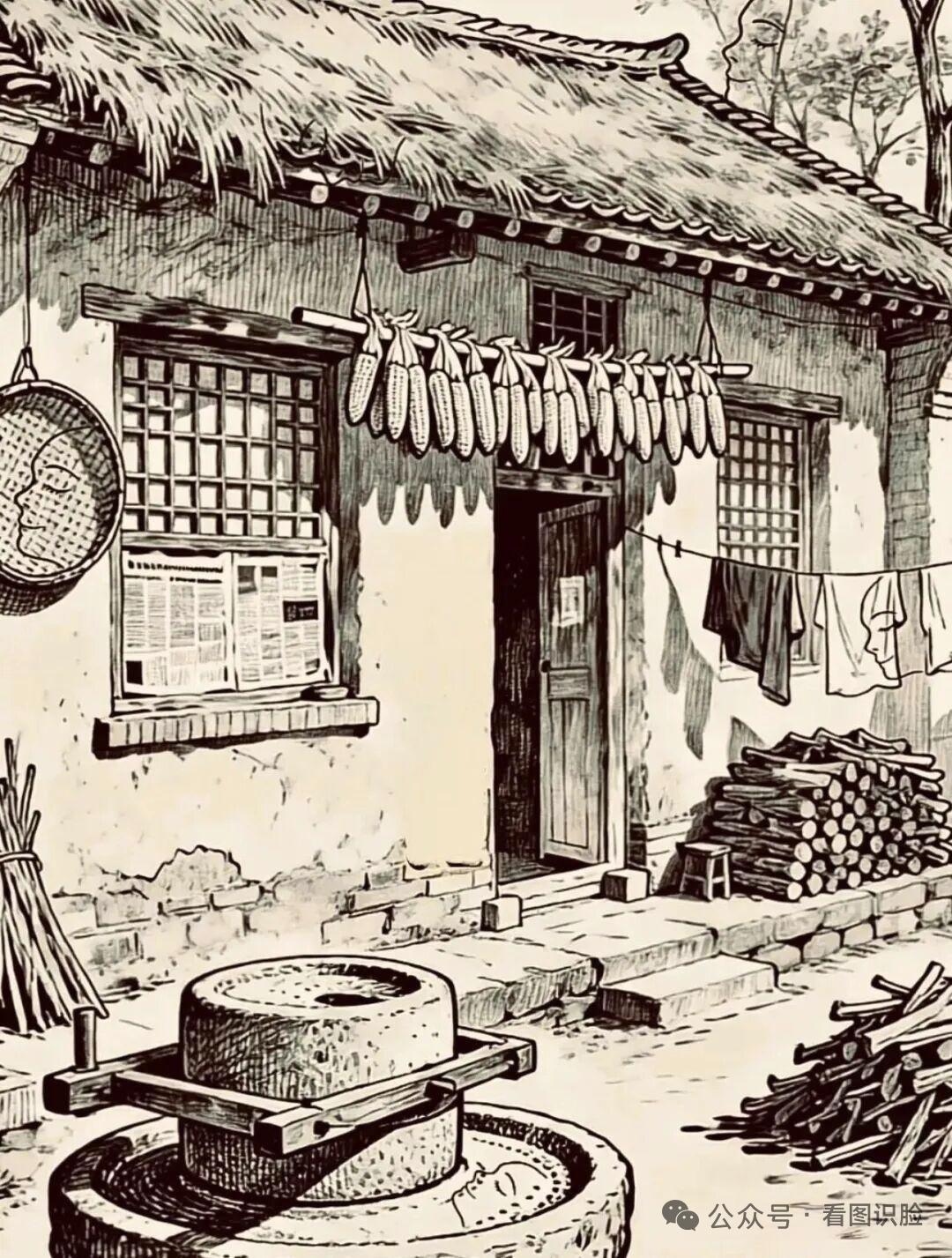看图识脸？
80年代的农家小院，现在已经不多了。然而小院里却藏着4张人脸，你能找