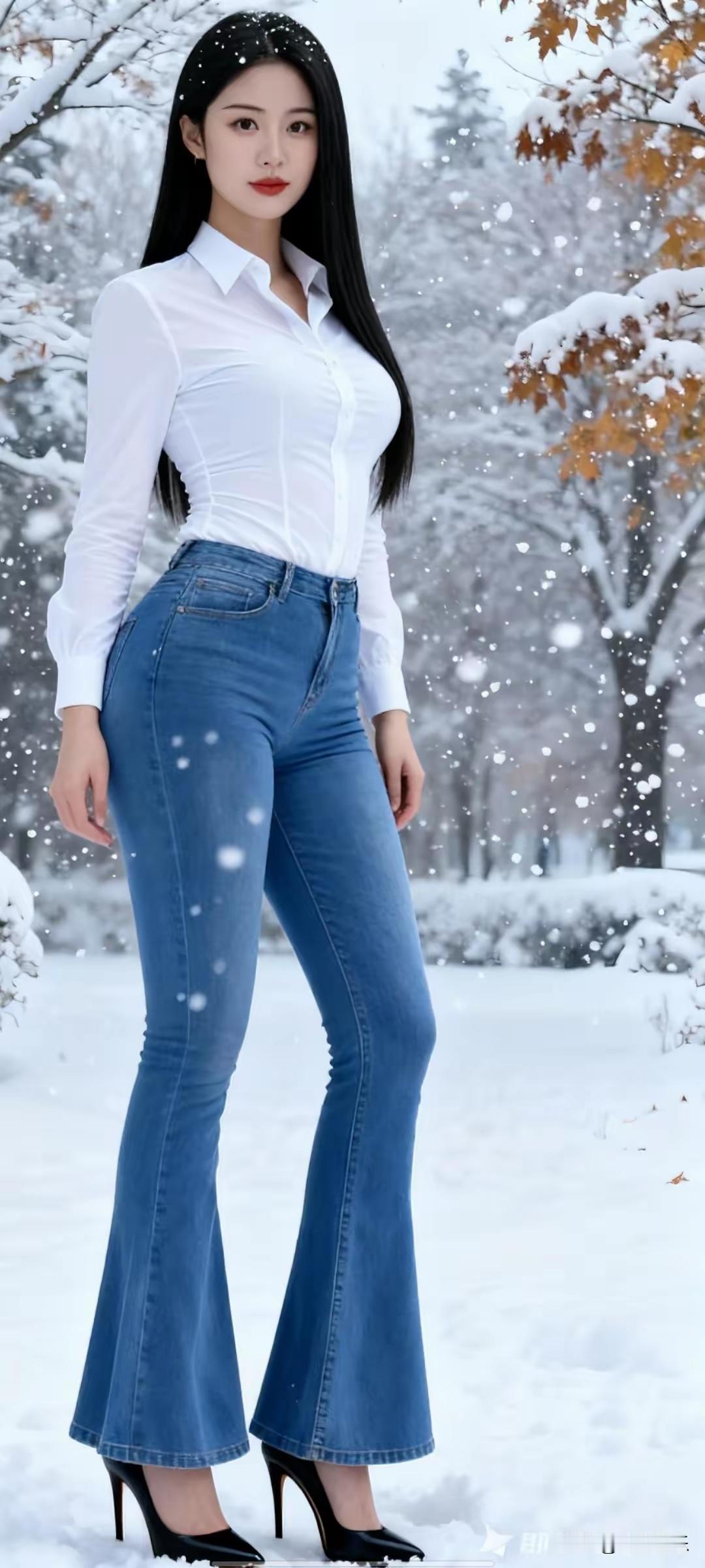 冬日雪景中的时尚穿搭，白衬衫+高腰牛仔裤，尽显优雅与魅力！