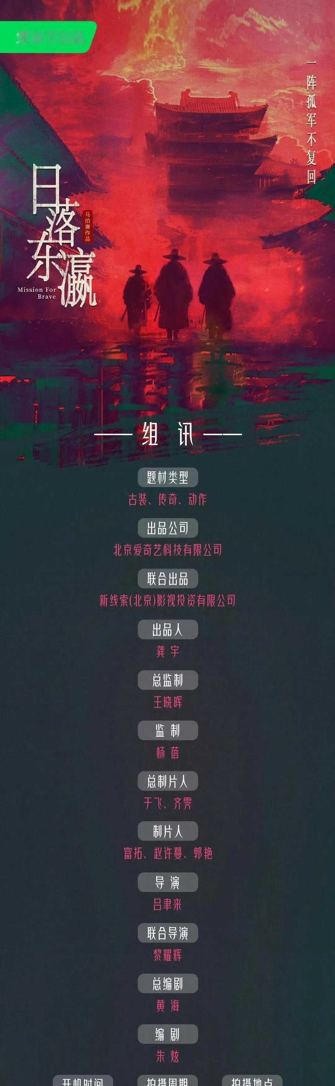 古装动作传奇剧《日落东瀛》组讯
根据马伯庸同名小说改编
出品方：爱奇艺
总编剧：