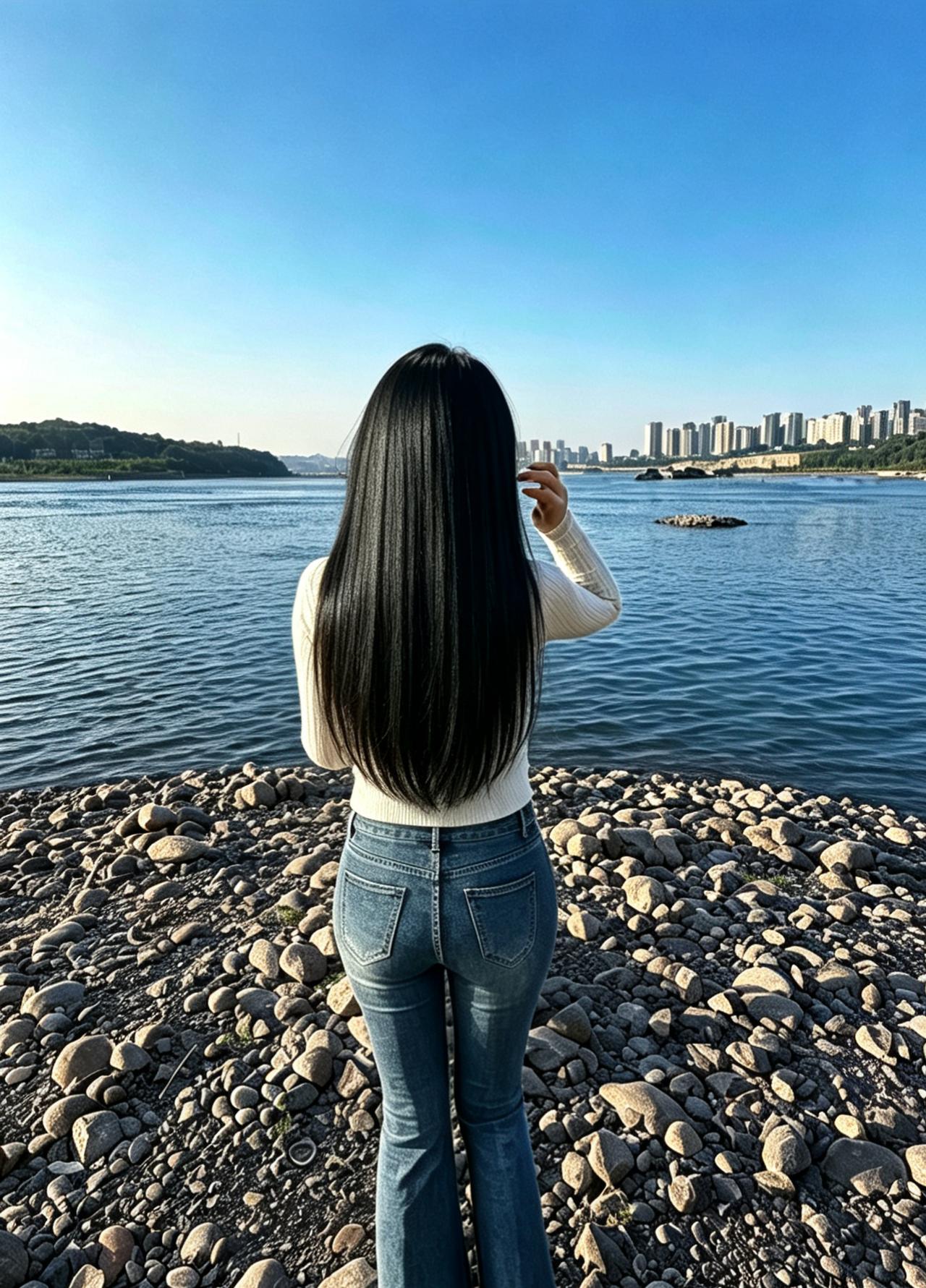 上周在湖边散步撞见的一幕，现在想起来还觉得画面软乎乎的。
姑娘留着快到腰的大波浪