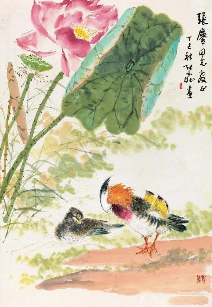 他的工笔花鸟则上学宋元，近学华新罗，用笔工细，色彩清丽，亦以秀逸淡雅取胜。