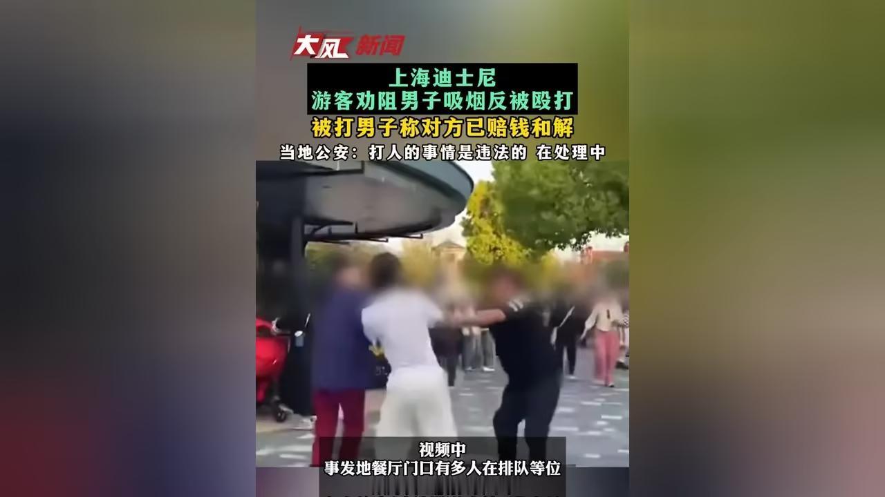今年4月26日，在上海迪士尼小镇因劝阻吸烟，而遭掌掴脚踢的24岁男子，在拿到打人