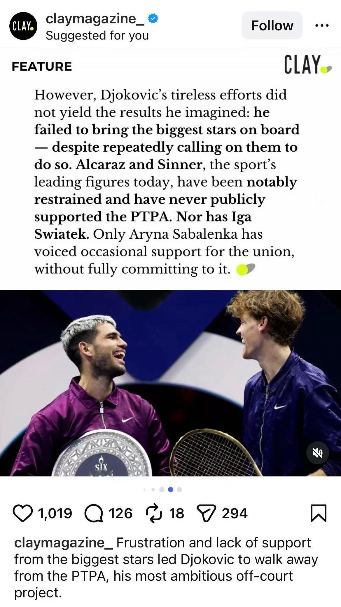 网球talking大会德约科维奇退出ptpa 德约退出PTPA 矛头指向辛纳跟阿