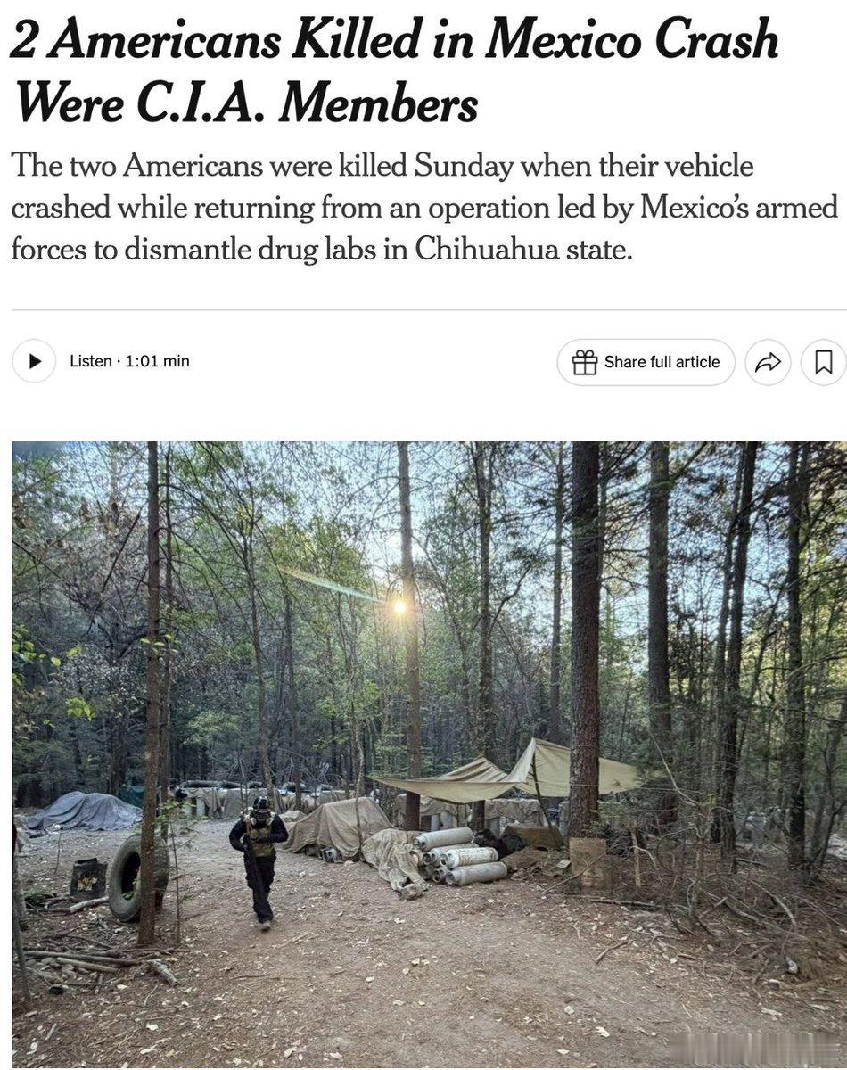 两名美国人在墨西哥的一起坠车事故中丧生，这两人是中央情报局的特工。他们是在执行完