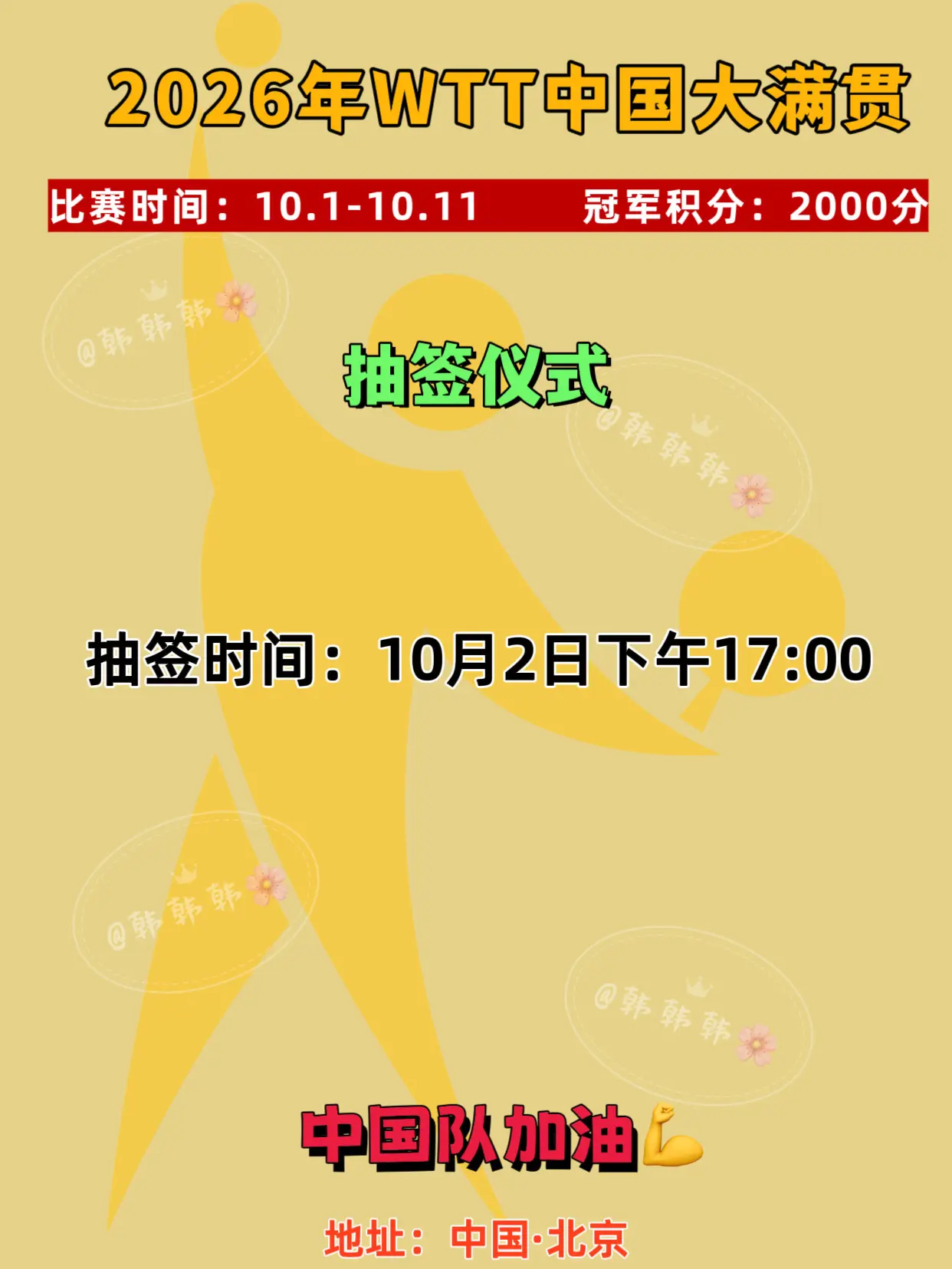 WTT 中国大满贯。抽签时间：10月2日下午17:00 中国队接好签