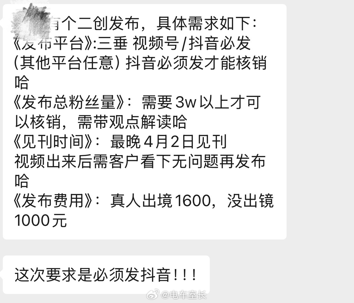 必须发抖音，必须带观点，必须4月2日前见刊，必须客户审稿，必须真人出镜才有160