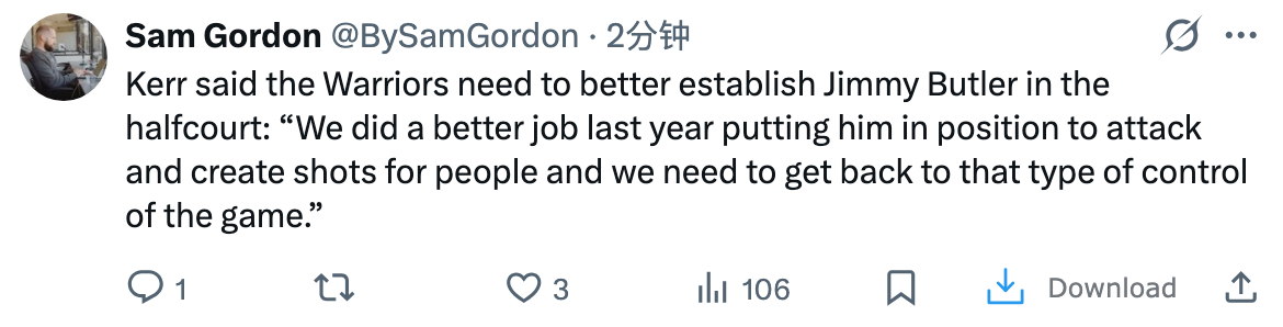 科尔表示，勇士需要在半场进攻中更好地让吉米·巴特勒找到感觉：“去年我们做得更好，