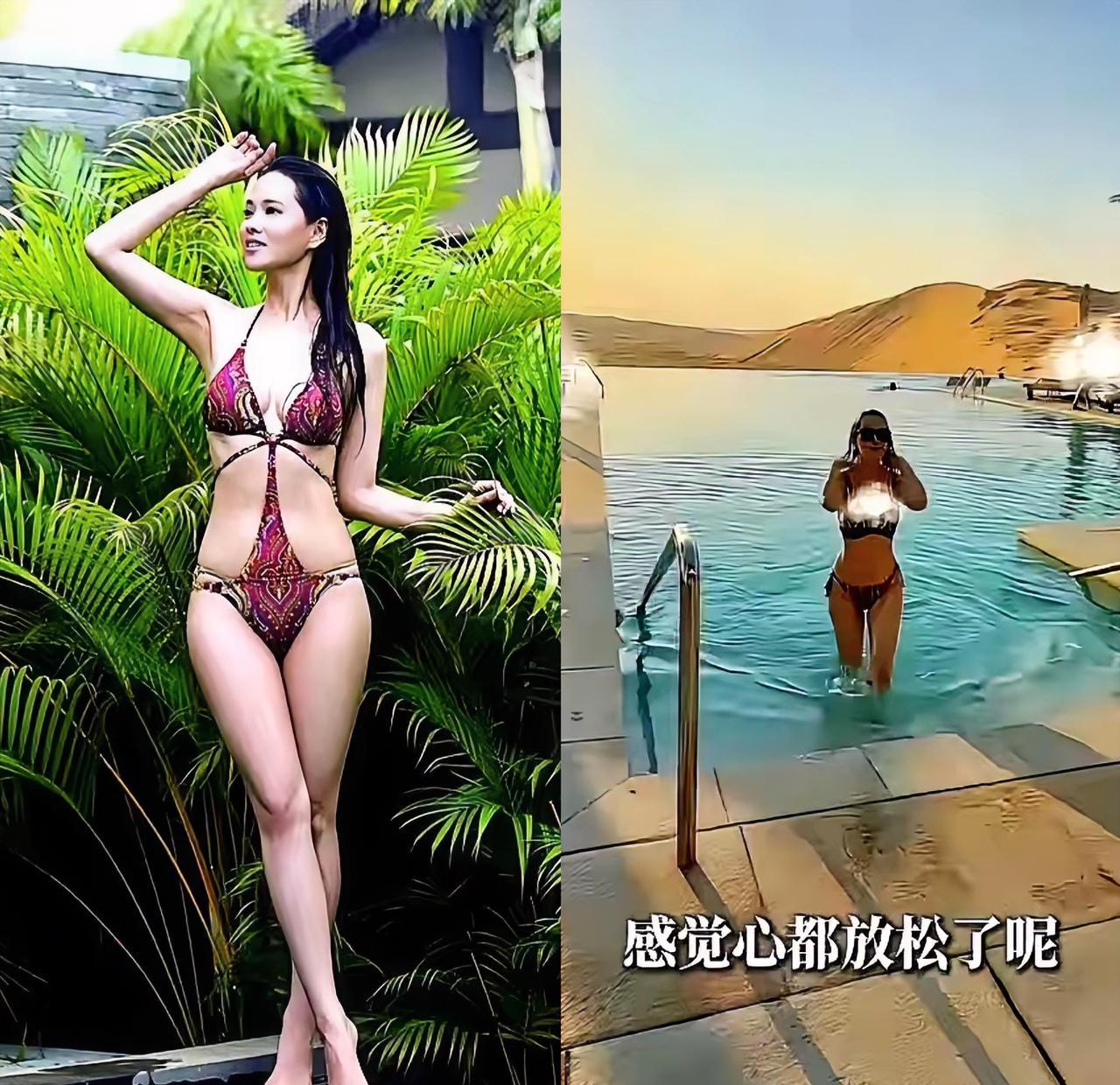 伊能静在迪拜海边那组精修泳装照，简直是给所有中年女性的一剂强心针。
冷白皮、S曲