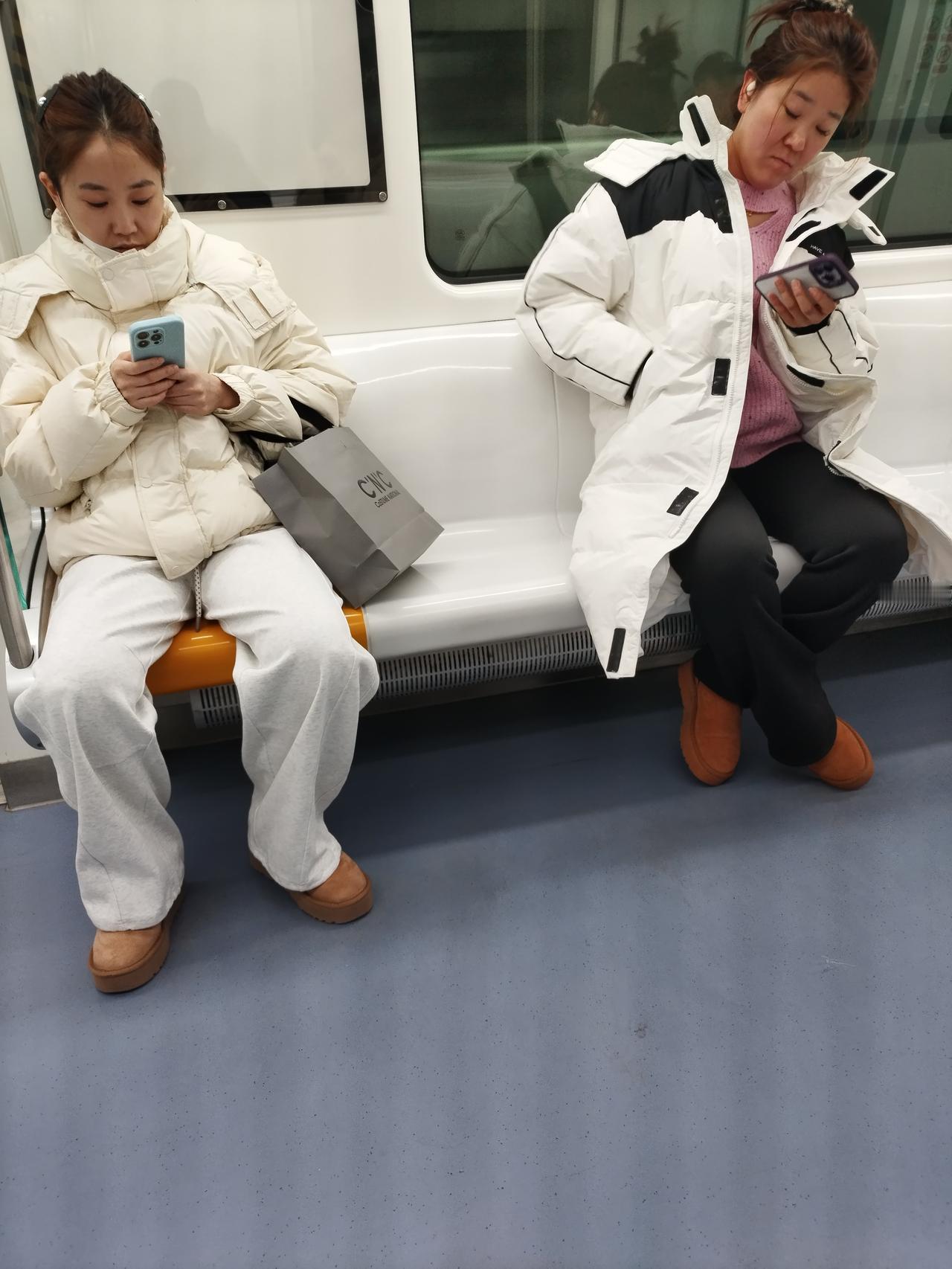 今天坐地铁看见有趣儿的一个现象。

车厢里基本都是穿着黑色羽绒服。

只有这两个