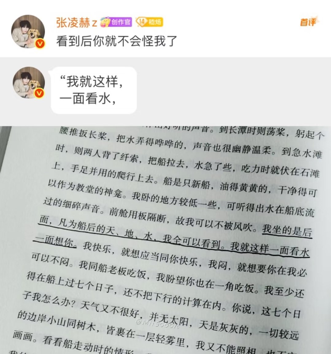 张凌赫 : 看到后你就不会怪我了“我就这样，一面看水，一面想你”这个自动回复也太