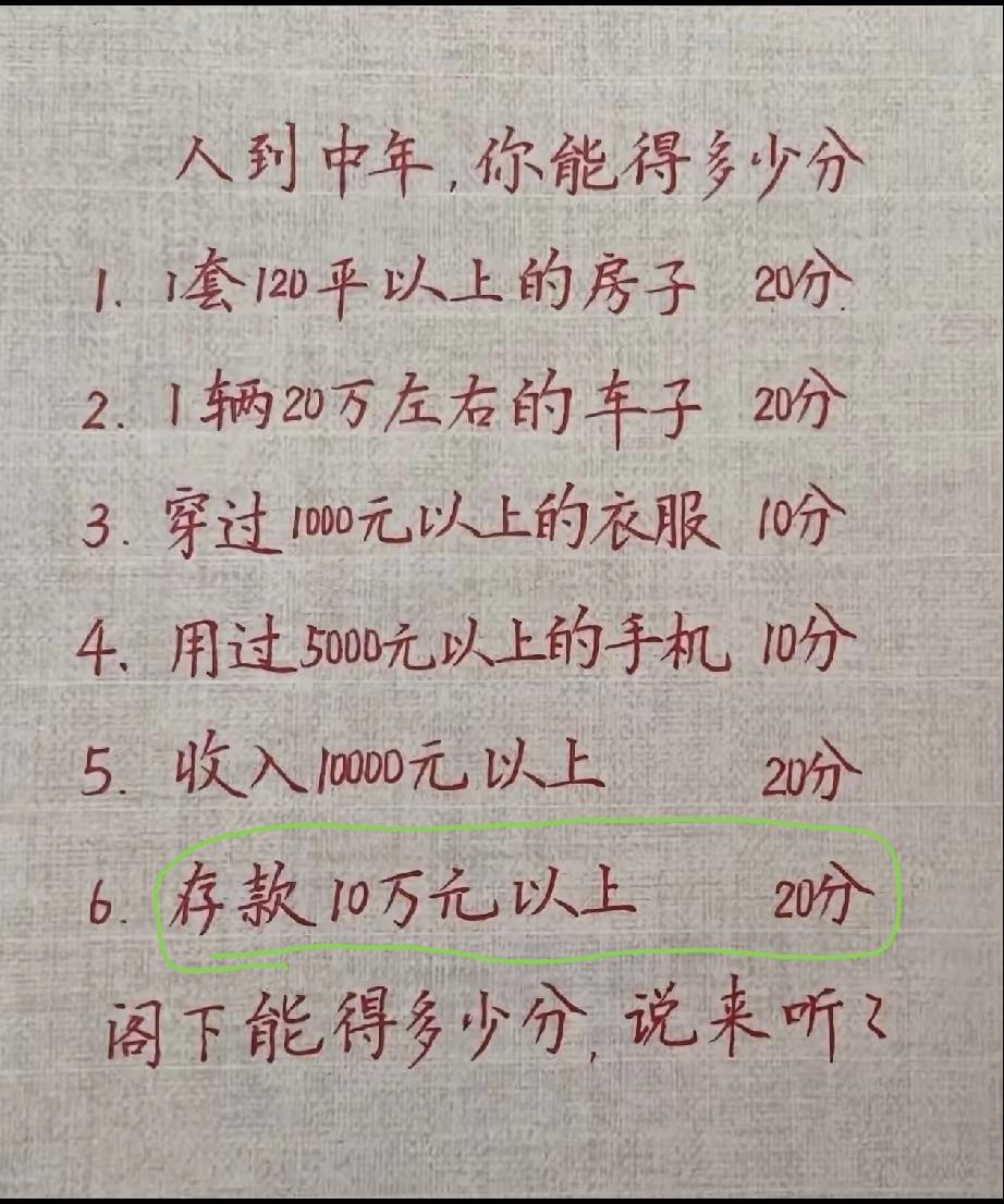 我早过了中年，按这个表来统计，我只得20分。悲催啊！